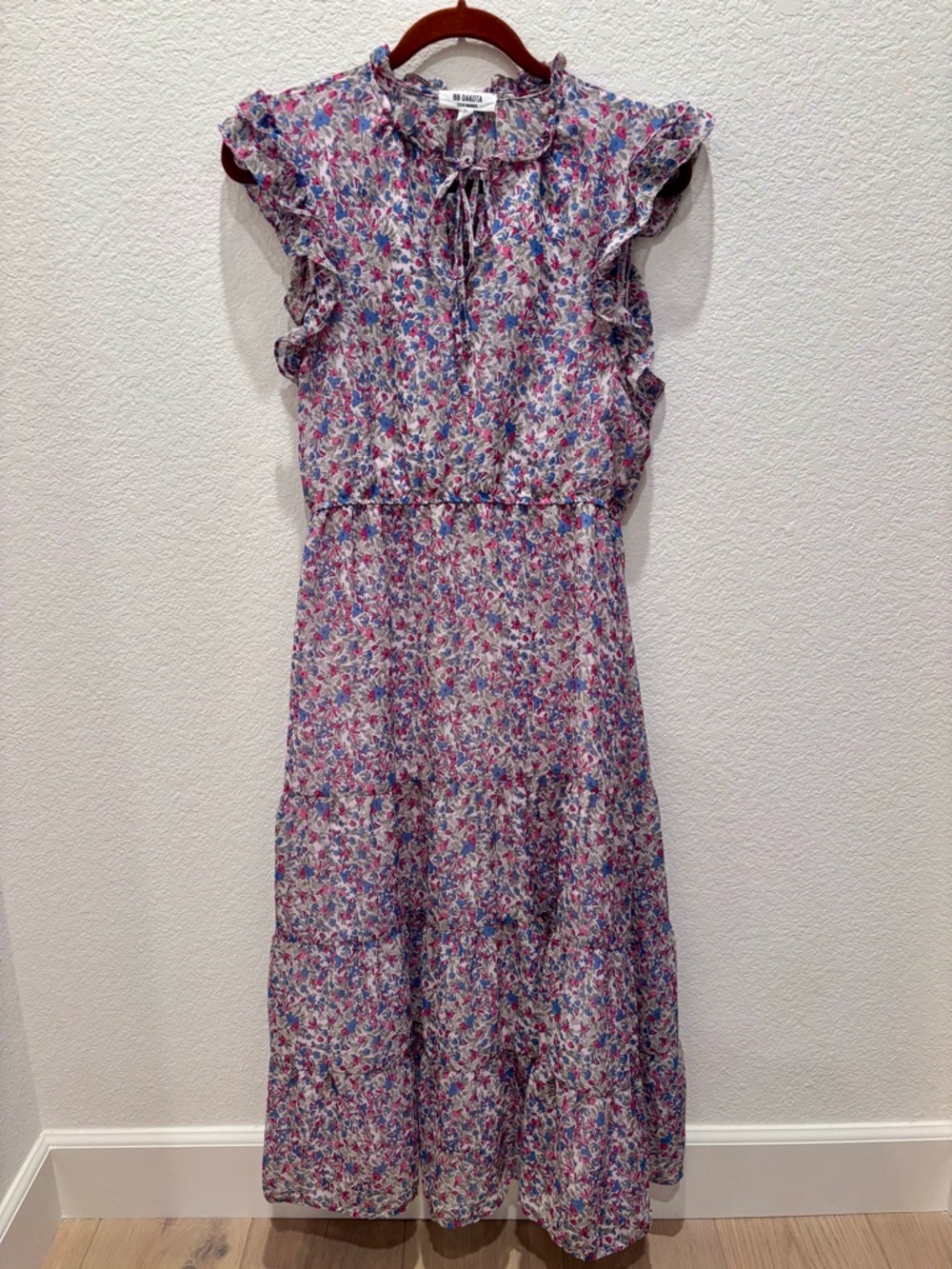 BB Dakota Floral Midi Dress Ruffle Sleeve Tie Neck Tiered Cottagecore S Prairie